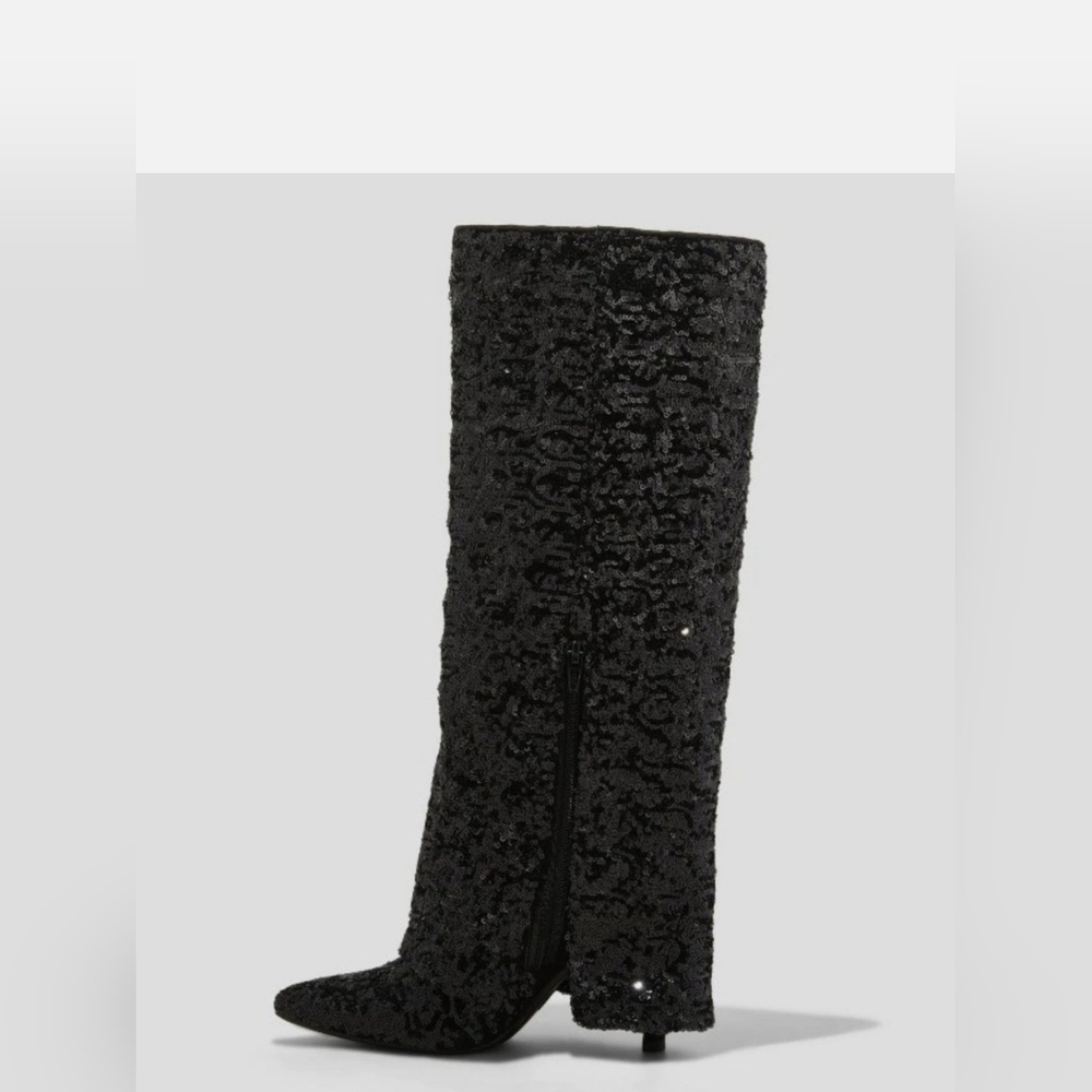 A New Day Womens Abba Sequin Foldover Tall Boots Black 7.5 NWOT